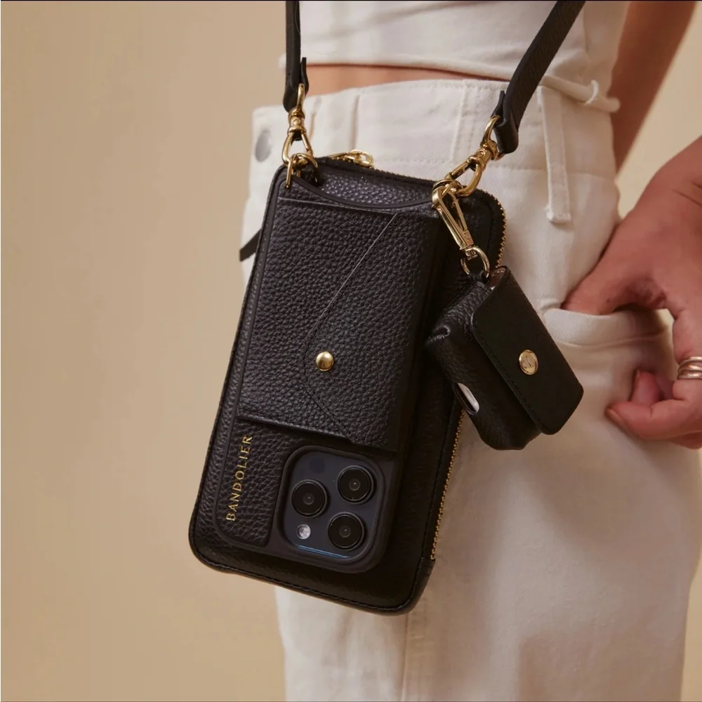 Bandolier Avery Leather AirPod clip on pouch with Gold Hardware black leather